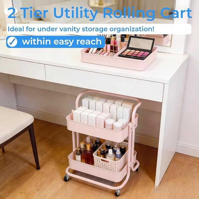 2 Tier Short Rolling Cart with Wheels All-Metal Pink Pantry Storage for Kitchen,Under Desk Trolley with Handle Small Wheeled Storage Cart for Laundry Room Bathroom, Under Table Small Space - Image 3