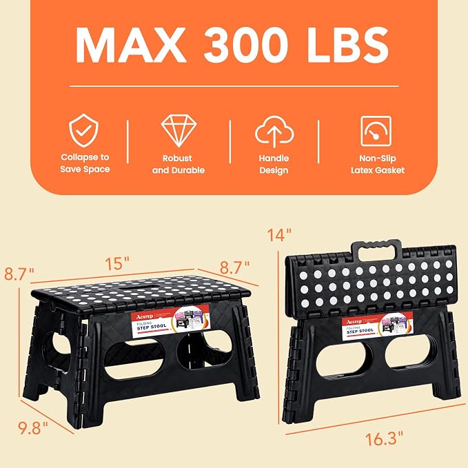 9 Inch Folding Step Stool, 15 Inch Extra-Wide, 300 lbs, Black | Non-Slip Heavy Duty Foldable Step Stool for Kids and Adults, Extra-Wide for Comfort and Stability, for Bathroom and Kitchen - Image 2