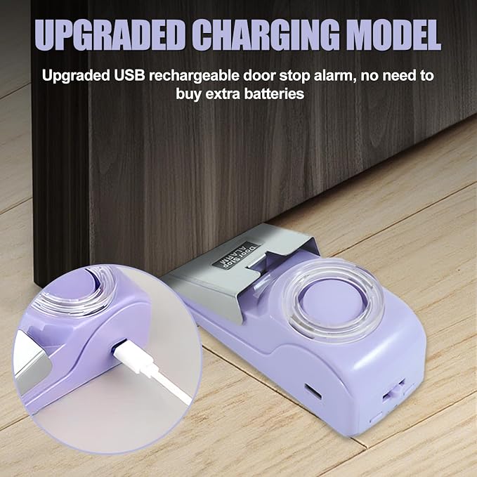 Rechargeable Door Stop Alarm with 120DB Security Alarm (Pack of 2) | Heavy Duty ，Floor Wedge Doorstop for Travel Apartment Home House - Image 3