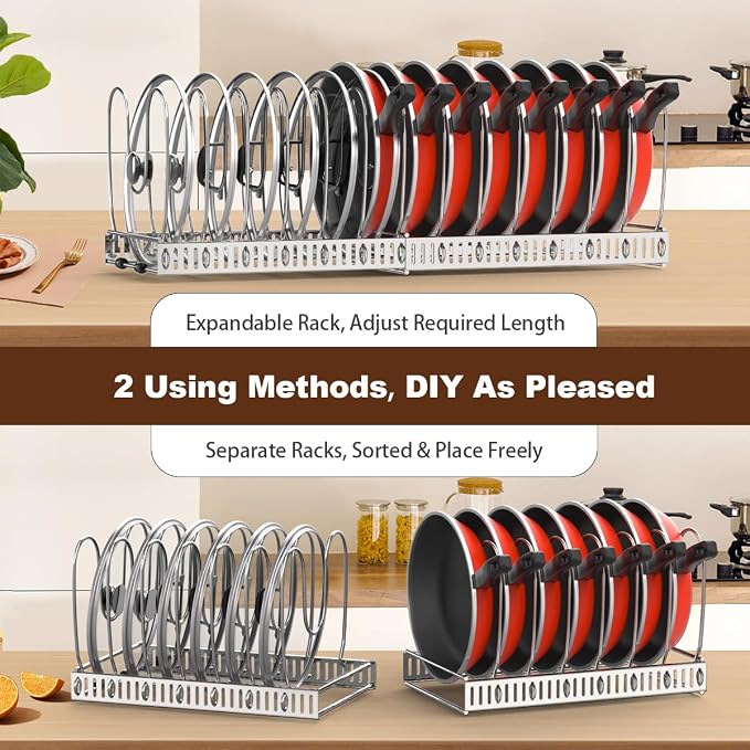 Housolution Pot and Pan Lid Organizer Holder Storage Rack, Silver | 12"-23" Expandable, 14 Adjustable Dividers, Sturdy Stainless Steel Construction, Easy Assembly - Image 4
