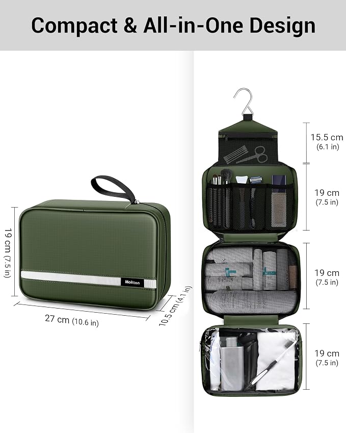Maliton Toiletry Bag for Men & Women Travel Toiletry Bag Hanging Toiletry Bag Hygiene Organizer with 4 Compartments Waterproof Bathroom Shower Bag Large Toiletries Travel Bag (Olive Green) - Image 3