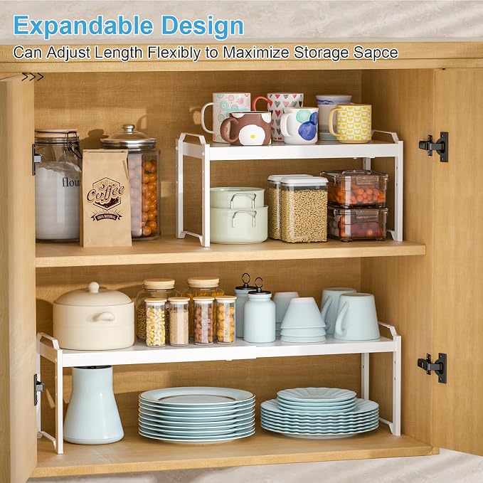 4 Pack Kitchen Cabinet Shelves Organizers, Kitchen Counter Storage Shelf Spice Rack, Expandable Length, Adjustable Height, Stackable, Sturdy 30LBS Bearing, Small Cupboard Tabletop Organizer Shelf Rack - Image 3