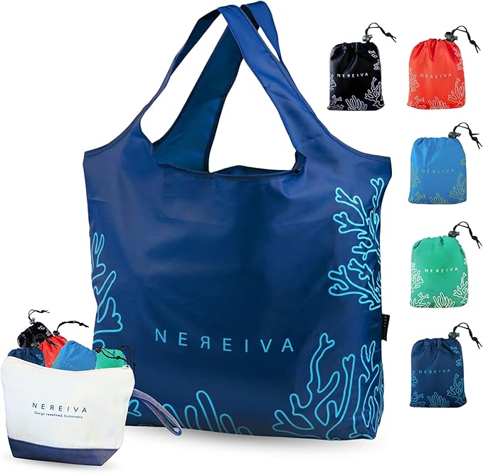 5 Pack Large Foldable Reusable Grocery Bags Carry Pouch, 55 lb | Washable, Easily Sort Shopping with 5 Bag Colors, Reinforced Handles, Recycled Material, Great Totes for Travel, Tiny Pouch by Nereiva