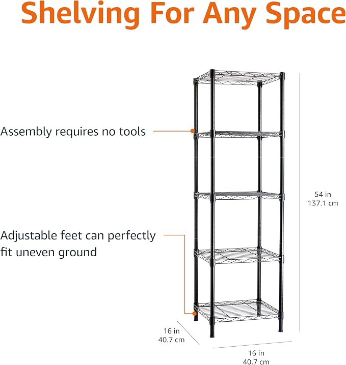 Amazon Basics 5-Shelf Tower Adjustable Storage Shelving Unit for Garage, Rust-Resistant Steel, 150 lbs Per Shelf, 16"W x 16"D x 54"H, Black - Image 3