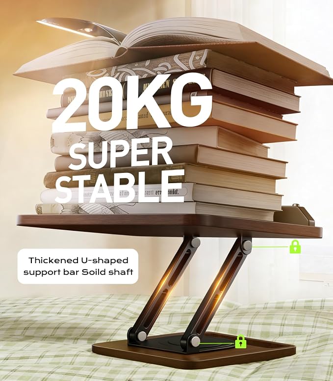 LOXP Ergonomic Book Stand for Reading, 360° Rotating Holder with Page Clip | Adjustable height angle, Storage Base, Hands-free, anti-slip, Fits tablets cookbooks magazines laptops, wood and metal - Image 8