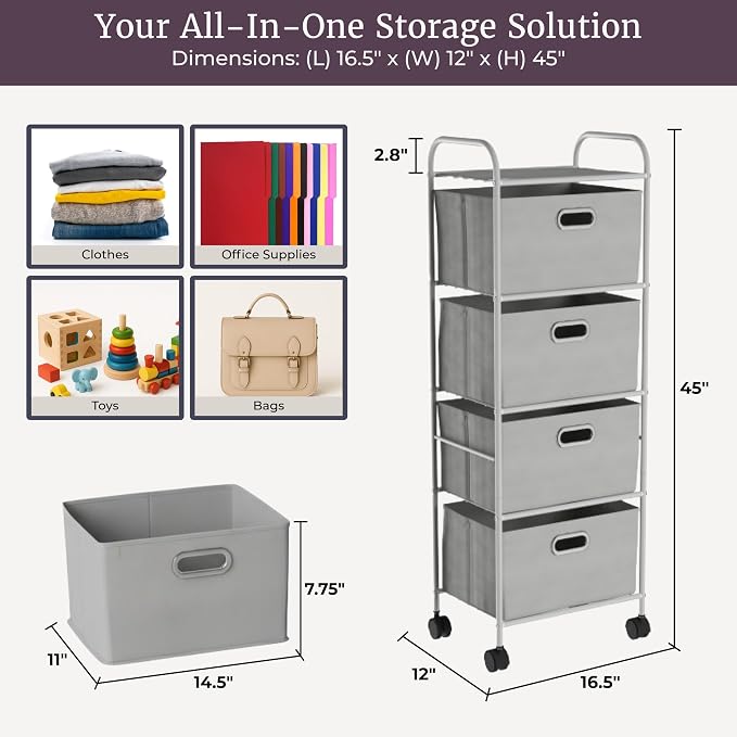 Lavish Home 4-Drawer Fabric Dresser, Gray/Silver, 16.5” x 12” x 45” | Slim Clothes Storage Organizer with Wheels and Metal Frame, Rolling Cart for Closet, Home, or Office - Image 3