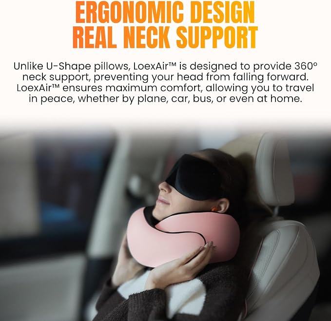 LOEXAIR™ Travel Pillow, Neck Pillow Travel for Airplane, Car - 100% Cotton Fabric & Memory Foam Plane Pillow, Lightweight & Easy-to-Carry on Flight, Full Travel Set (Eye Mask, Earplugs) - Sakura Pink - Image 7