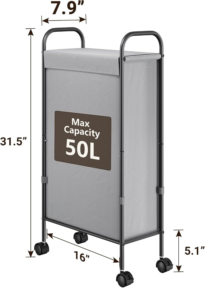 ELYKEN Slim Laundry Hamper with Lid & Wheels, 50L Rolling Laundry Basket | 7.9" Narrow Design, 50L, Removable Liner Bag, Lockable Wheels, Space Saving Clothes Hamper for Bathroom, Bedroom, Closet - Image 2