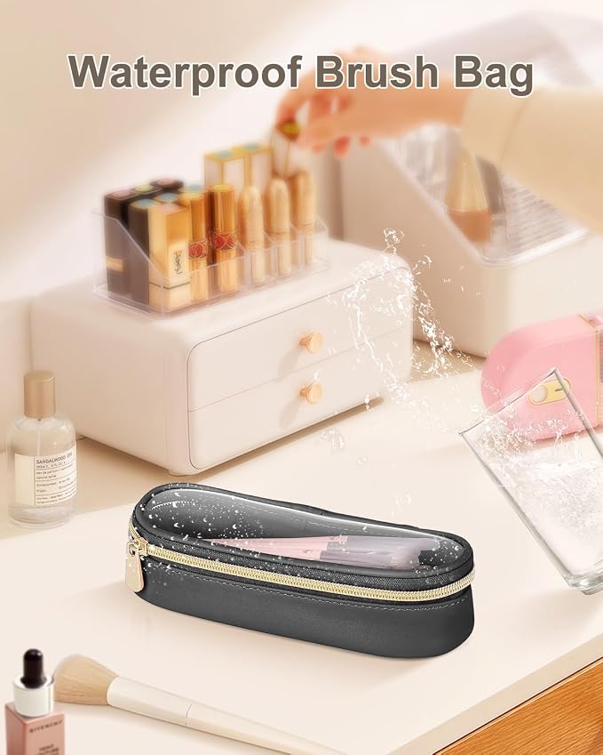 Soimeat Clear Travel Makeup Brush Holder, Leather Makeup Brush Toiletry Bag, Portable Cosmetic Brush Case, Transparent Waterproof Makeup Brush Storage Bag, Black - Image 7