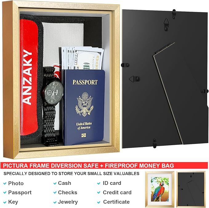 Photo Picture Frame Diversion Safe with Fireproof & Waterproof Money Bag, Hidden Compartment Storage to Shield your Money, Cash, Glod 5"x7" - Image 2