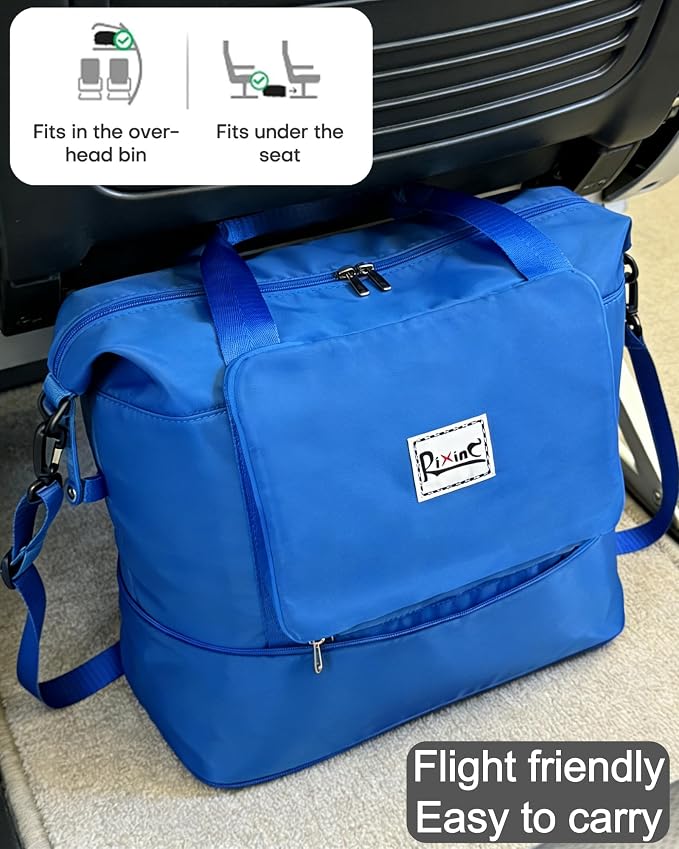Foldable Travel Duffel Bag for Women, Blue | 40L Expandable Water-Resistant Carry on Bag, Personal Item Travel Bag Flight Approved with Wet Pocket for Gym Travel, Nylon - Image 4