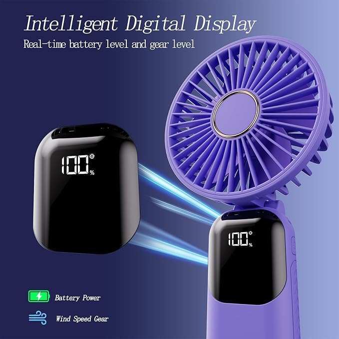 GOCKERA Portable Fan, 4200mAh Battery Operated Fan, 5 Speeds&Digital Display, Makeup Fans for Women with Base, 180°Foldable 3in1 Handheld/Neck/Desk Fan for Outdoor Indoor,Ultra Quiet (Purple) - Image 4
