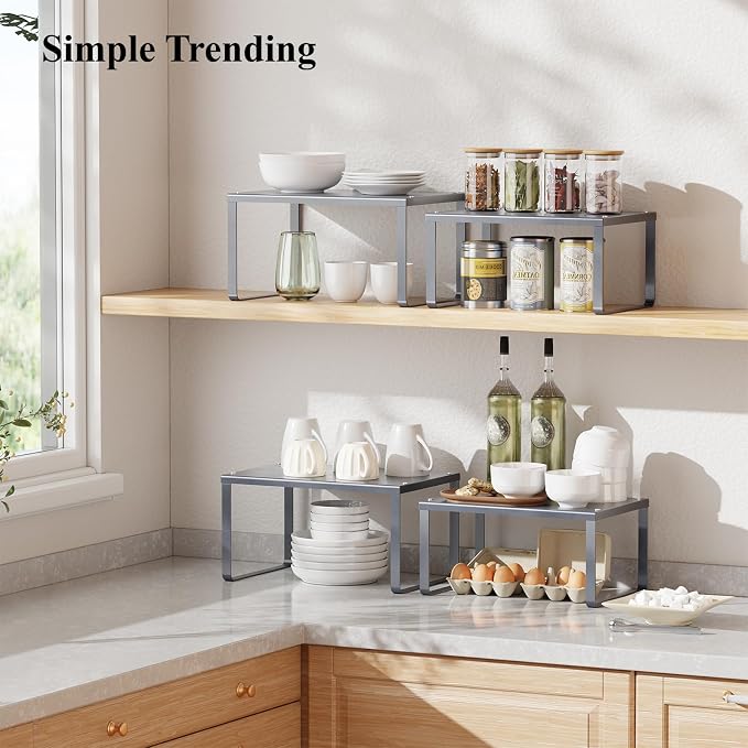 Simple Trending Cabinet Organizer Shelf, Set of 2 Kitchen Counter Shelves, Kitchen Storage, Stackable, Expandable, Metal Spice Rack for Cupboard, Bathroom, Desk, Pantry, Silver - Image 2
