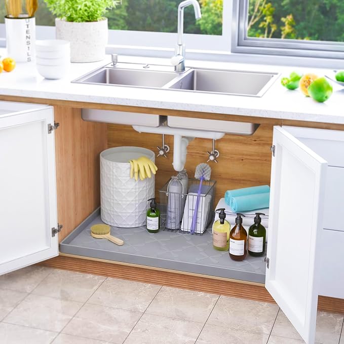 Waterproof Under Sink Mat 31" x 22" Kitchen Cabinet Liner Silicone | BPA-Free Silicone Mat with Raised Lip Protects Cabinets from Leaks, Versatile Home Organizer for Bathroom, Pets, Boots, Floor - Image 2