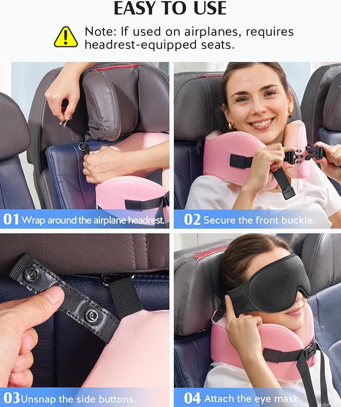 YFONG Travel Pillow with 3D Sleep Mask for Long Flights Airplane, Pink | Patented 360° Ergonomic Sleeper Hold Head Support System, Memory Foam Neck Pillow, Prevents Head Bobbing, Adjustable Strap - Image 7