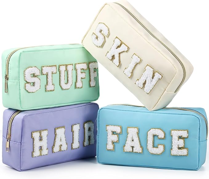 Preppy Makeup Bags Chenille Letter Stuff Bag Nylon Cosmetic Pouch Cases with Zipper for Women Travel Toiletry(Soft Pastel,Classic,4 Pcs) by Cunno