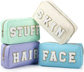 Preppy Makeup Bags Chenille Letter Stuff Bag Nylon Cosmetic Pouch Cases with Zipper for Women Travel Toiletry(Soft Pastel,Classic,4 Pcs) by Cunno