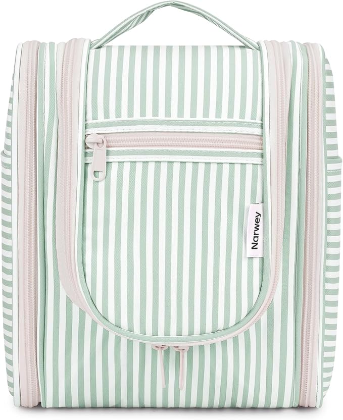 Narwey Small Striped Hanging Travel Toiletry Bag for Women, Travel Bag for Toiletries, Makeup Bag Organizer Cosmetic Bags Make Up Bags for Women (Mint Green Stripe) by Narwey