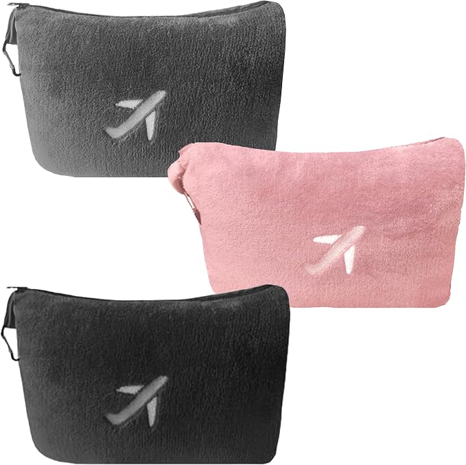 BlueHills Premium Soft Mini Plush Travel Blanket Value Pack Set of 3 - Airplane Travel Essential Flight Blanket Throw in a case Compact Car Plane Travel Gift – Gray, Black and Pink by BlueHills