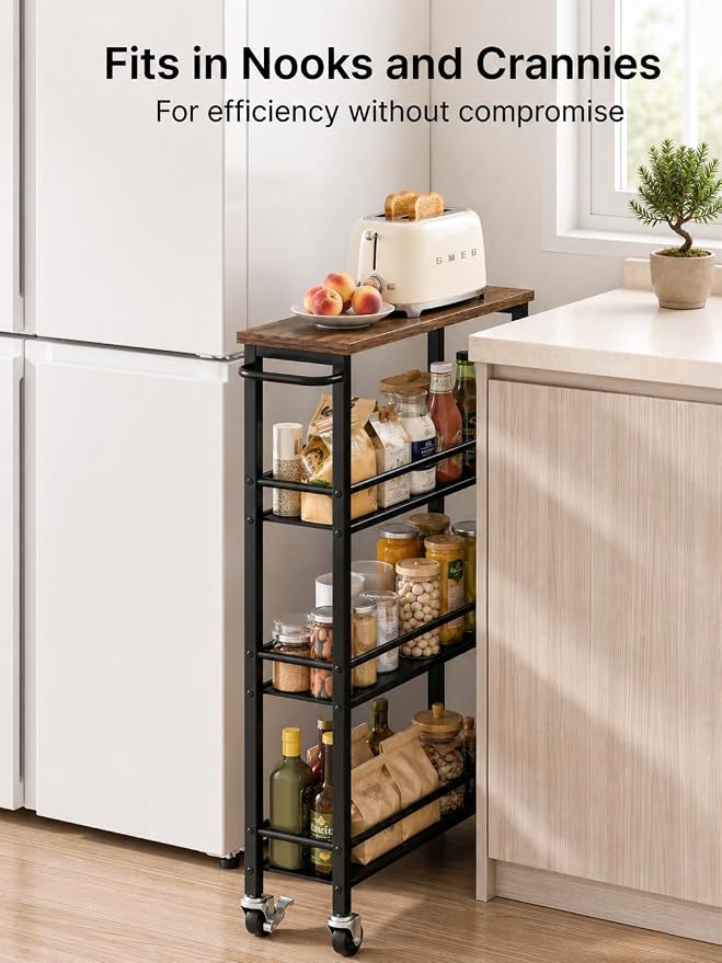 Pipishell Slim Storage Cart with Wheels - 4 Tier Rolling Kitchen Storage Cart with Handle and Wood Top, Metal Slim Bathroom Cart for Laundry Room, Bathroom, Kitchen, Narrow Space, Black & Rustic Brown - Image 2