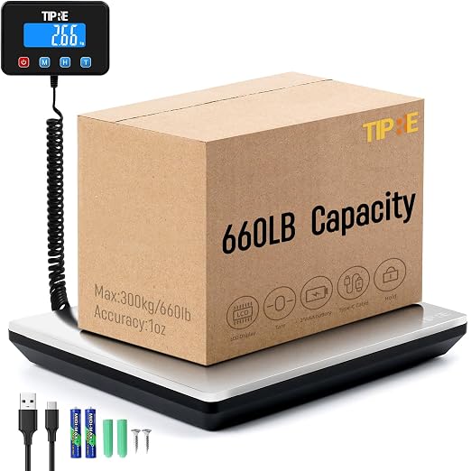 TIPRE Shipping Scale 660lbs for Packages,Heavy Duty Digital Postal Express Scale,1 oz High Accuracy with Charging Cable & Batteries,Extra Large Stainless Steel for Small Business,Warehouse,Home by TIPRE