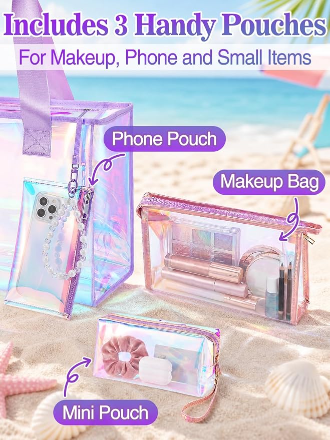Cosweet Iridescent Beach Tote Bag with 3 Small Pouch for Women | 26L Waterproof Clear Jelly Bag, Tip-Proof Foldable, Small Pouch for Phone Makeup, for Pool Cruise Travel Gifts - Image 5