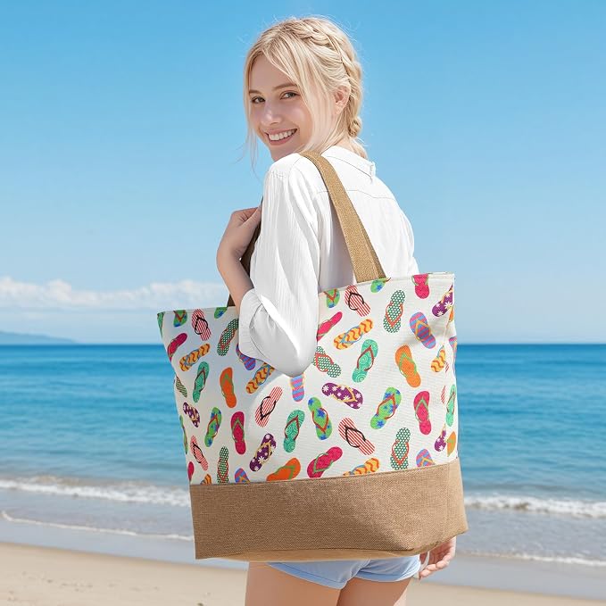 Trifabricy Beach Bags for Women,Waterproof Straw Beach Tote Bag With Zipper | Spacious Storage Capacity, Secure Zipper Closure, Reinforced Carry Handles, Stylish Printed Design For Outdoor Activities - Image 2