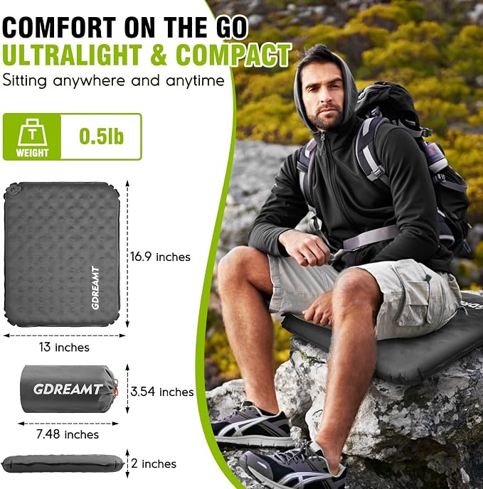 Inflatable Seat Cushion, Self-Inflating Memory Foam Stadium Seats Cushion Lightweight & Compact Chair Sitting Pad Airplane Cushion for Long Flight Travel Outdoor Camping Car Bleachers Office - Image 2