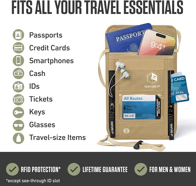 VENTURE 4TH Travel Neck Wallet, RFID Blocking Passport Holder - Beige - Image 2