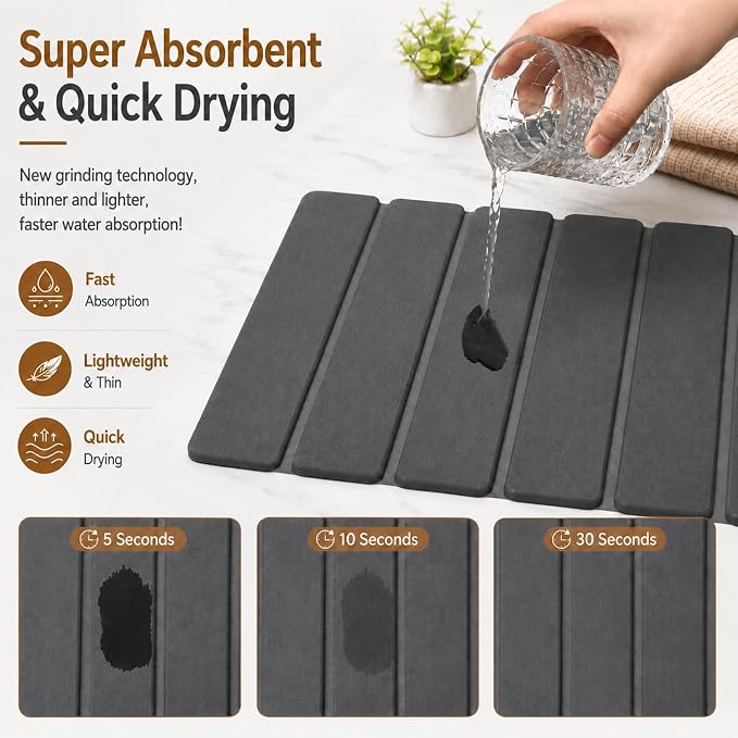 Stone Dish Drying Mat for Kitchen Counter, Thin & Light Quick Dry Stone Dishes Mat, Foldable Water Absorbing Diatomite Drying Pad for Kitchen Bathroom Sink Countertop (Pure Gray 20"x14") - Image 3