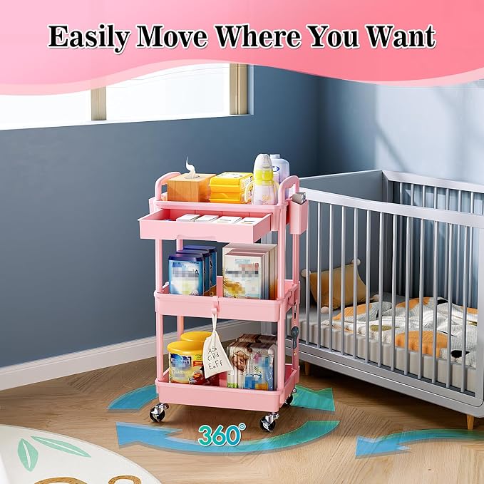 SUNALLY 3 Tier Rolling Cart with Drawer, Craft Storage Cart Organizer, Pink | Bathroom Storage Organizer with 2 Lockable Wheels, Rolling Utility Cart for Kitchen, Office, Baby, Makeup, Nail,Snack,Laundry - Image 4