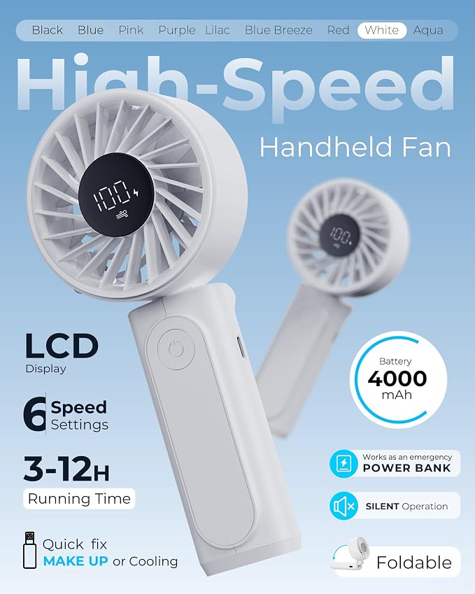 Peiyuu Handheld Portable Fan, 4000mAh USB Rechargeable Personal Fan, 180° Foldable Mini Desk Fan with 6 Wind Speed, LCD Digital Display, Lanyard as Neck Fan, Ultra Quiet - Image 2