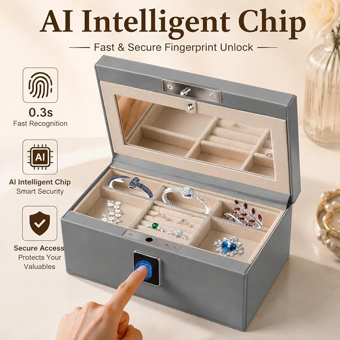 Jewelry Safe, Biometric Fingerprint Safe, Leather Wrapped Jewelry Box with Lock & Mirror, Ultra-Lightweight Jewelry Box Suitable for Home Use & On-the-Go(Three-Tier Gray) - Image 3