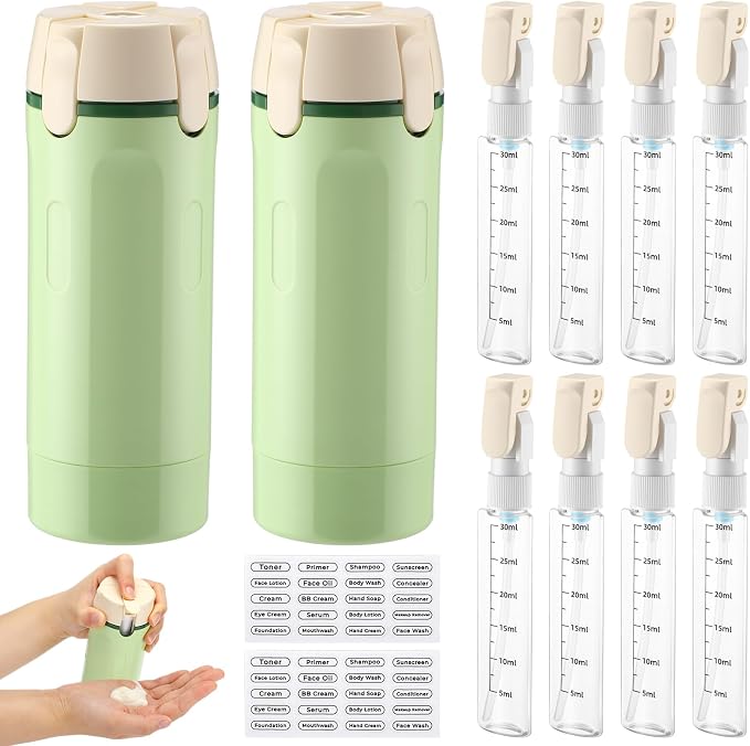 2 Pack 4 in 1 Travel Dispenser with 30ml Travel Bottles and Label Refillable & Leak Proof Portable Toiletry Containers with Locks for Shampoo Lotion Conditioner Cream (Green) by Domensi