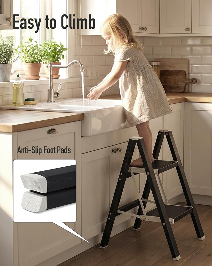 Mayi Plus 2 Step Stool Foldable, Aluminum, Lightweight Step Ladder | Extra-wide anti-slip folding steps with 330 lbs, for home,kitchen,office,outdoor,Ebony woodgrain - Image 7