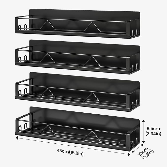 Mystozer 16.9 Inch Wide Large Capacity Magnetic Spice Rack for Refrigerator,4 Pack Metal Fridge Shelf Apartment Essentials Fridge Organizer Magnetic Storage Fridge Magnet Organizer(Black) - Image 7