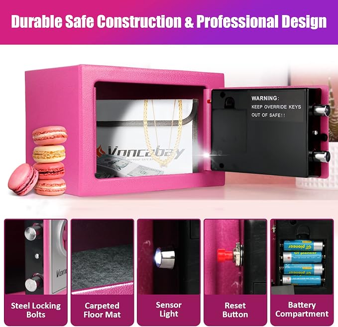 Voncabay Money Safe Box for Home with Digital Keypad, 0.23 Cu. Ft., Pink | Alloy Steel, Sensor Light, Fireproof Bag Included, 2 Override Keys, 4 Mounting Screws, Carpeted Mat, 9 x 6.6 x 6.5 In. - Image 6