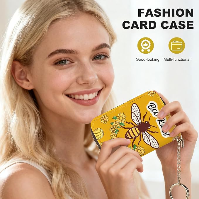 Credit Card Holder for Women,Small Rfid Wallet with Keychain Zipper,Cute PU Leather Card Case Wallet，Accordion Credit Card Wallets Gift,Bee kind - Image 6