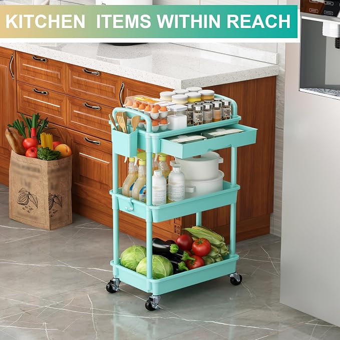 Goovilla 3 Tier Rolling Utility Cart Organizer with Removable Drawer, Blue | Stable and Sturdy Rolling Storage Carts with 2 Lockable Wheels for Bathroom, Kitchen, Snack, Craft, Makeup, Baby Essentials - Image 7