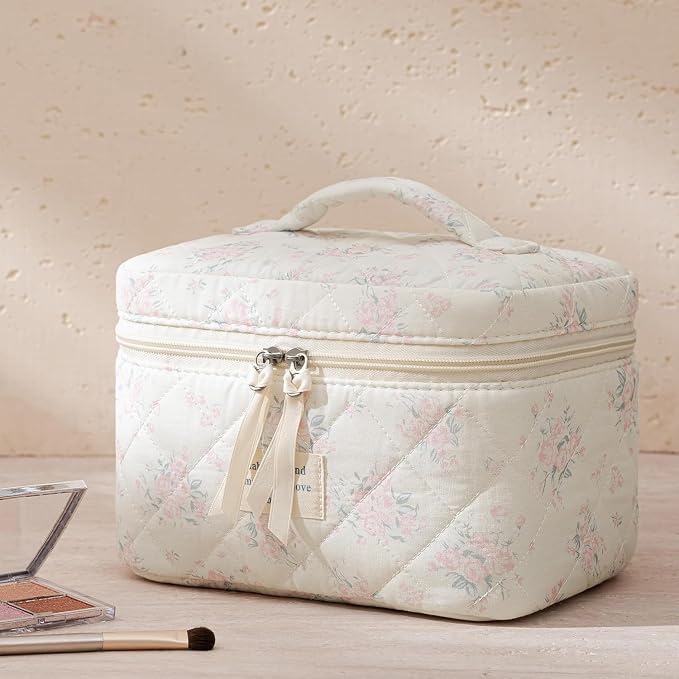 HBselect Quilted Makeup Bag, 3Pcs Cotton Large Travel Makeup Bags Organizer | Cute Floral Make up Bag Cosmetic Bag Toiletry Bag for Women Girls, Makeup Pouch for Skincare, Brushes & Travel Essentials - Image 6
