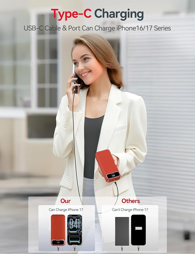 aonidi Portable Charger 20000mAh with Built-in Cables&AC Wall Plug, Red | PD20W Fast Charging,Travel Essential,TSA Approved,LED Display,All in One USB C Power Bank for All Cell Phones Devices - Image 5
