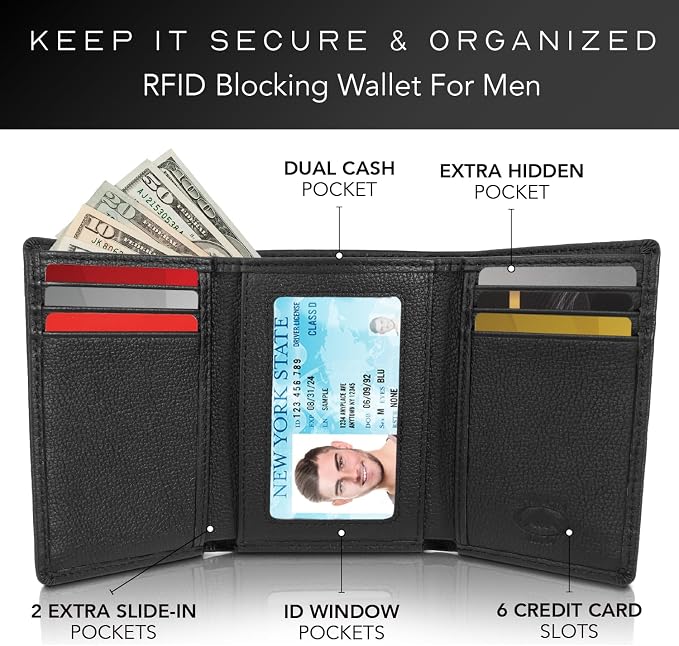 Stealth Mode Trifold Leather Wallet for Men with RFID Blocking | Black Pebble Top Grain Napa Leather, 9 Card Slots, ID Window, Gift Box – Gift for Dad, Husband, or Son - Image 2