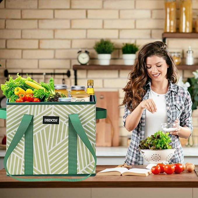 Reusable Grocery Bags 3 Pack - Heavy Duty Reusable Shopping Bags with Hard Bottom & Long Handles, Foldable Utility Tote Bag with Box Shape to Stand Up, 13x10.23x11in, Twill Green - Image 7