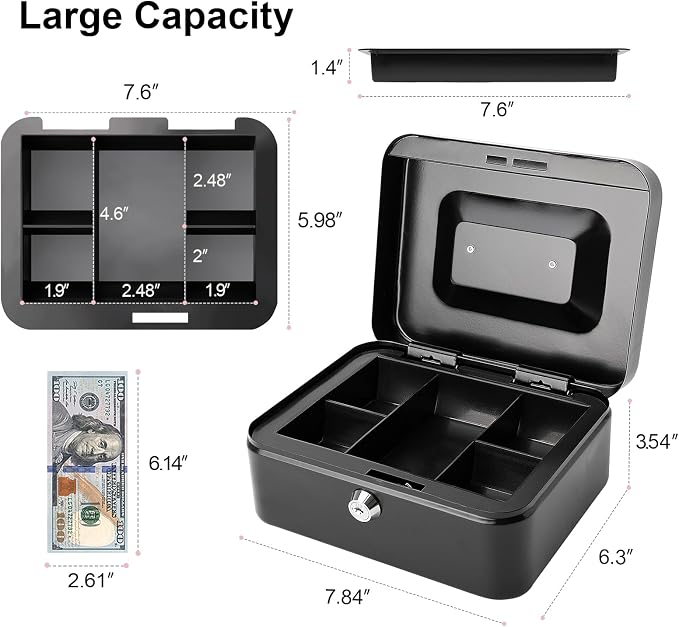 Jssmst Locking Medium Steel Cash Box with Money Tray,Lock Box,Black - Image 2