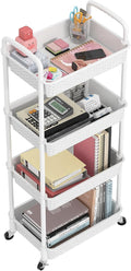 MOYIPIN 4-Tier Plastic Rolling Utility Cart with Handle,White | Utility Storage Cart for Office, Living Room, Kitchen,Movable Storage Organizer，Easy installation，Rattan-like art design by MOYIPIN