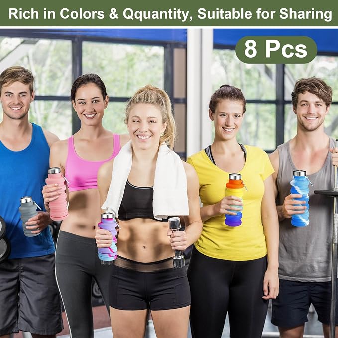 FillTouch 8 Pcs Collapsible Water Bottles 17oz Silicone Reusable Foldable Water Bottles with Carabiner Lightweight BPA Free Expandable Leakproof for Gym, Travel Camping, Hiking Outdoor Indoor Sport - Image 7