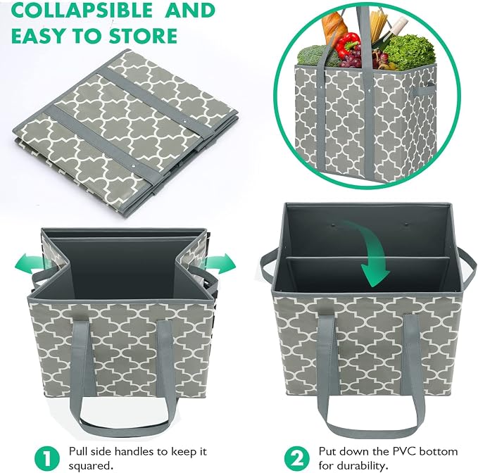 WISELIFE 3-Pack Reusable Grocery Bags Foldable Washable Storage Bins Basket Water Resistant Shopping Utility Tote Bag Grey - Image 5