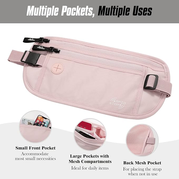 MoKo Travel Money Belt with RFID Blocking, Hidden Slim Wallet, Pink | Ultra-thin, breathable design fits discreetly under clothing; adjustable elastic belt fits 24-38 in waists. - Image 5