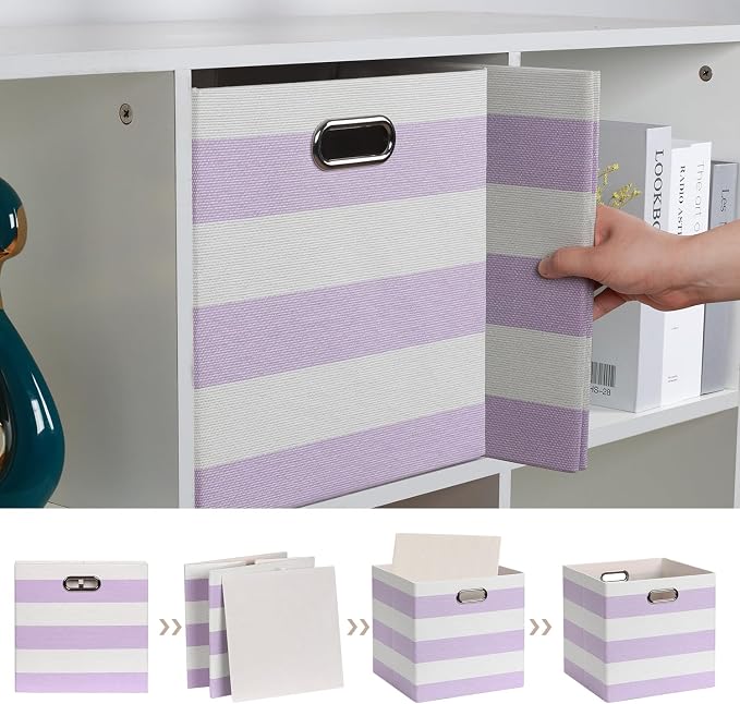 Posprica Storage Bins Storage Cubes,13×13 Collapsible Storage Boxes Containers Organizer Baskets for Nursery,Office,Closet,Shelf - 4pcs,Purple-white Striped - Image 4