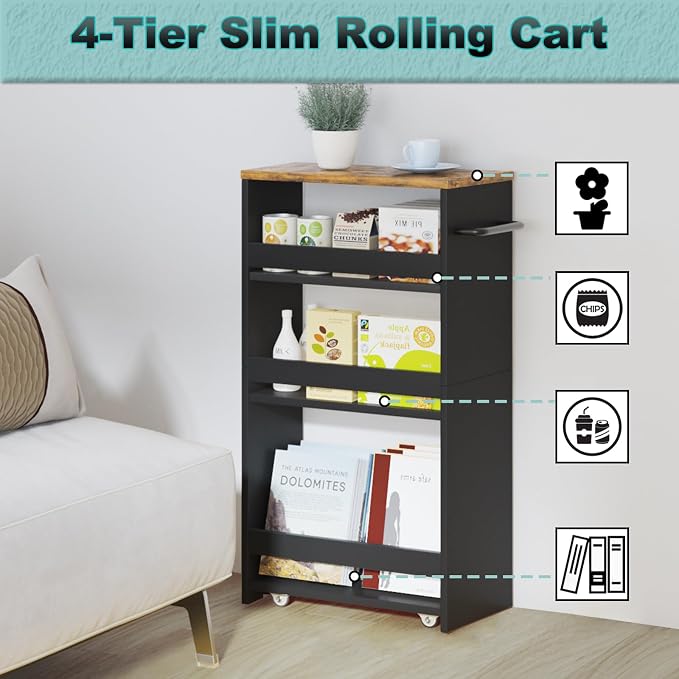 MARTY Slim Rolling Storage Cart 7.9" W Laundry Cart with Wheels,Brown+Black | Narrow Utility Cart Between Washer and Dryer, 3 Tier Mobile Shelving Unit for Kitchen, Laundry, Bathroom, Office, Living Room - Image 7